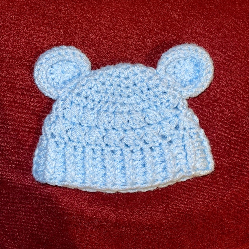 Baby Blue Handmade Crochet Bear Ears Hat Beanie